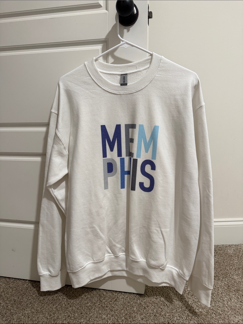 Gildan White Crewneck Sweatshirt with Blue MEMPHIS Graphic